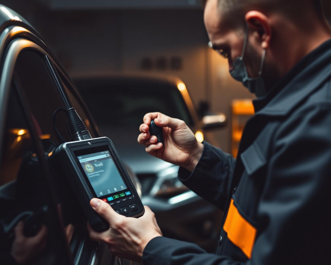 Profissional programando chave codificada no veículo